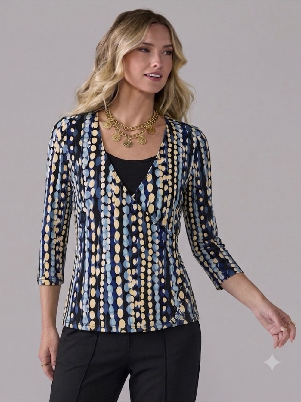 AB Studio Blue Black Yellow Polka Dot Ruched Jersey Knit Top S Work Classic